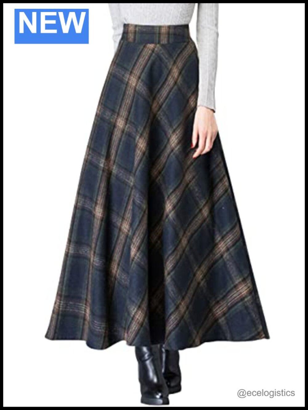 Wool Blend Plaid High Waist A-Line Maxi Skirt with Pockets